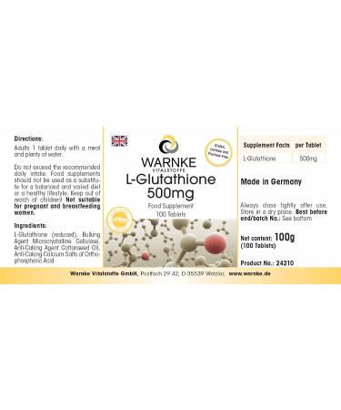 L-Glutathione 500mg - 100 tablets - Vegan - Reduced form | Warnke Vitalstoffe - Quality from German pharmacies - Buy Online on GoSupps.com