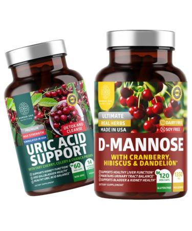 Number One Nutrition N1N Premium D-Mannose with Cranberry & Hibiscus 1350mg 120 Capsules and Uric Acid Support with 14 Potent Herbs 60 Capsules 2 Pack Bundle