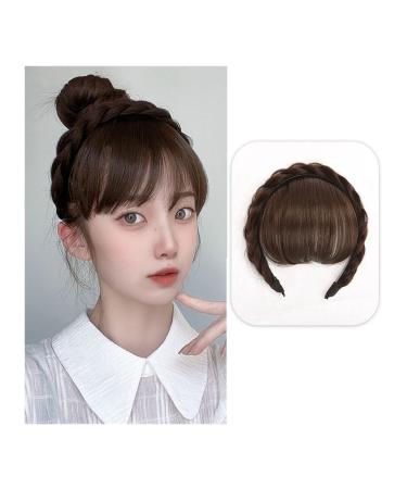 Bangs Hair Clip Front Hair Bangs Wig Fringe Hair Extensions Synthetic Fake Neat Bangs Wigs with Double Row Braids Headband Hair Accessories for Women Girls Bangs Clip in Hair (Color : Light brown)