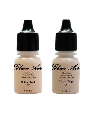 (2) Two Glam Air Airbrush Makeup Foundations M3 Natural Nude & M4 Classic Beige for Flawless Looking Skin Matte Finish For Normal to Oily Skin (Water Based)0.25oz Bottles