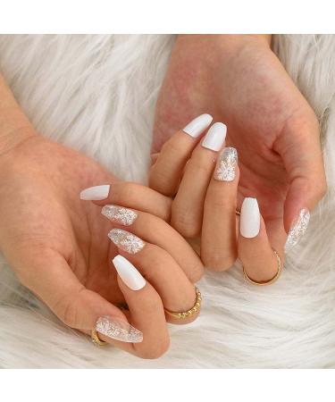 Sethexy Medium White Ballerina Sparkle False Nails - 24 Glossy Coffin Acrylic Nail Tips with Glue for Women & Girls - Buy Online on GoSupps.com