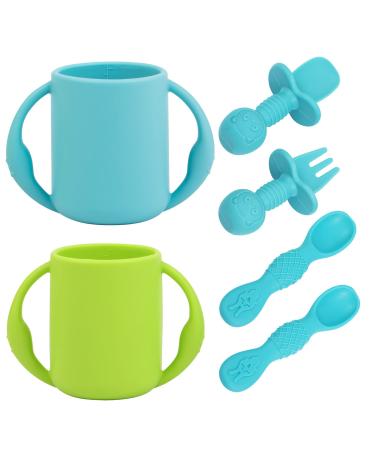 Hepotk Baby Cups & Spoons - Silicone Training Cup for Todder & Infants -Baby Led Weaning Baby Utensils - Food Grade Silicone -Dishwasher Safe (Blue & Green)