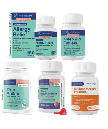 WELMATE Complete Allergy & Wellness Kit: Generic Xyzal Levocetirizine 5mg (24hr Support) Phenylephrine HCl Nasal Decongestant Doxylamine Sleep Aid Bifidobacterium Probiotic & Zinc Sulfate