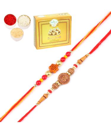Ghasitaram Gifts Rakhi for Brother Rakhis Online - Set of 2-6074 and 6325 Om Rakhi Threads with 400 GMS of Soan Papdi