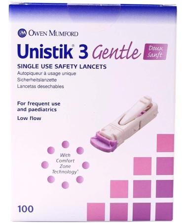 Unistik 3 Gentle Safety Lancets - Box of 100-30G with 1.5mm Penetration Depth