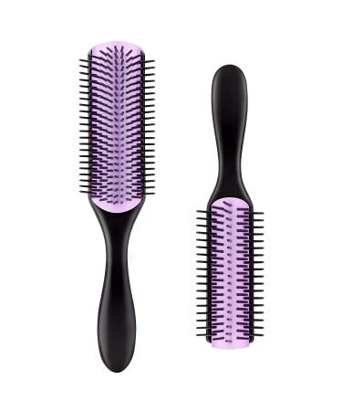 2 Pieces Hair Brush - 9-Row Cushion Nylon Bristle Styling Brush and 5-Row Travel Hair Brush with Anti-static Rubber Pad for Curly Hair Styling  Separating  Shaping  Smoothing and Blow-Drying (Purple)