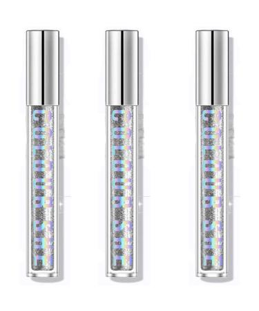 3Pcs Fairy s Tear Diamond Eyelash Mascara Long Lasting Waterproof Natural Thick Thickening and Lengthening Sparkling Diamond Shining Clear Coat Eyelash Mascara Charming Eye Makeup (Crystal silver)