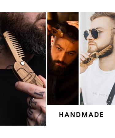 Folding Walnut Beard Comb for Men - Engraved Bearded Man Design - Buy Online on GoSupps.com