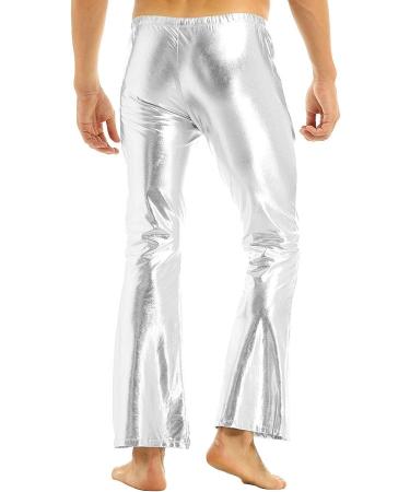 Inhzoy Men's Shiny Metallic Holographic Disco Flared Bell Bottom Pants - Silver Medium | Fashion Dance Trousers - Buy Online on GoSupps.com