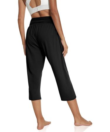 UEU Women's High Waist Black Capri Yoga Pants with Pockets - Comfy & Loose Fitting Lounge Workout Capris (Large) - Buy Online on GoSupps.com