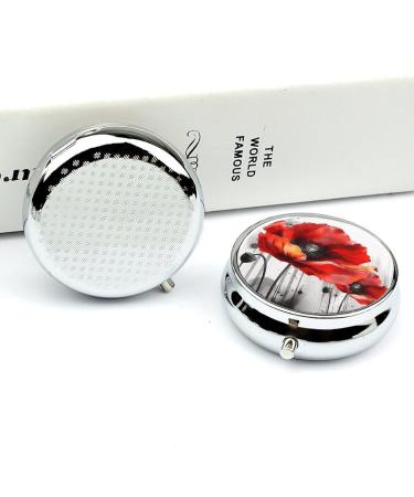 Round Poppy Flower Pill Box - 3 Compartment Portable Medicine Organizer | Decorative Metal Pocket Pill Case - Buy Online on GoSupps.com