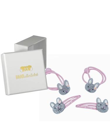 Hair -like hair jewelry set (4 partly | glittering rabbits | pink) for girls including box for storage (box color: white)