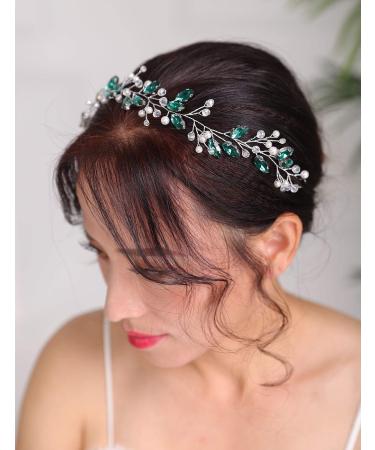 Denifery Silver Wedding Headband Green Crystal Hair Vine Rhinestone Headpieces Crystals Pearls Bride Headband Bridal Hair Accessories for Women and Girls