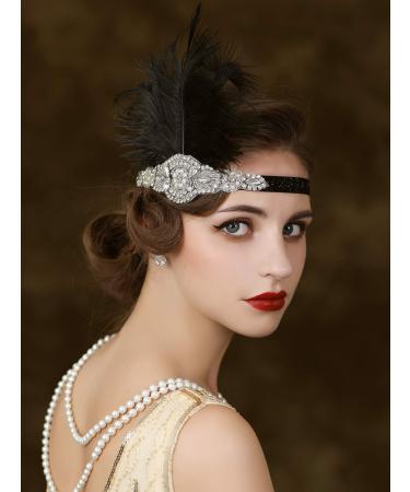 SWEETV 1920s Flapper Headband - Rhinestone Feather Great Gatsby Hair Accessories (Black) - Buy Online on GoSupps.com