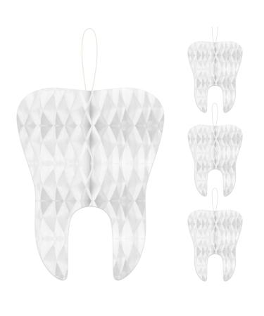 4 Pack 12 Inch White Tooth Honeycomb Decorations Hanging Tissue Paper Ornaments 3D Dental Theme Decorations for Dentist Office Dental Student Graduation Classroom and Clinic D cor