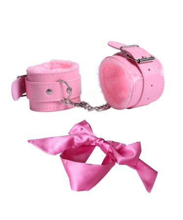 Punk Leather Wrist Handcuffs Satin Blindfold Fluffy Handcuffs Bracelet Handcuffs Prop Cosplay Costume Props Adjustable Chain and Satin Sleeping Mask Eye Mask for Halloween Cosplay (Pink)