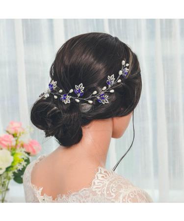 Flatser Blue Crystal Wedding Hair Vine - Silver Pearl Rhinestone Bridal Headpiece for Women - Buy Online on GoSupps.com