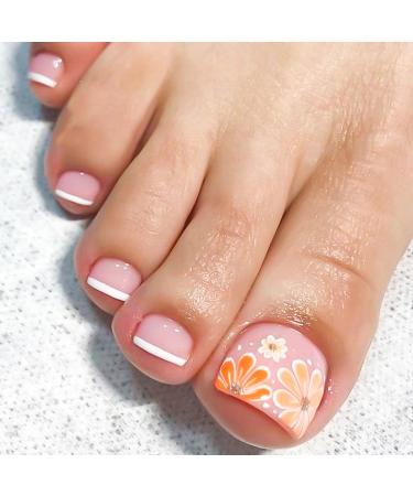 French Tip Press on Toenails Square Fake Nails with Flower Designs Full Cover Glue on Toenails Summer Fake Toenails Pink False Toenails for Women and Girls 24Pcs JP2