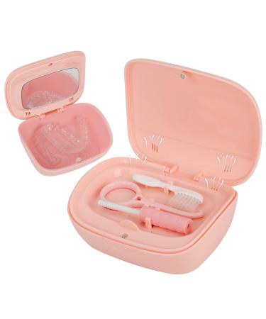 RSWhyy Double-layered denture cover denture case aligner etui night mouth protection etui with ventilation holes chewing gum cleaning brush distance tool mirror (pink) pink