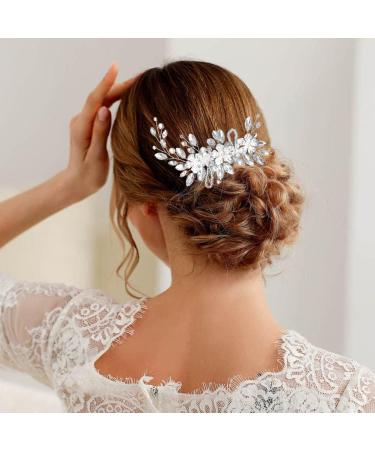 IYOU Bridal Wedding Hair Comb Sliver Sparkly Rhinestones Side comb Shiny Crystal Flower Hair Piece Bride Pearl Leaves Hair Accessories for Women and Girls - Buy Online on GoSupps.com