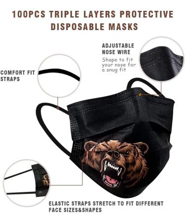 100Pcs Men's Bear Head Printed Disposable Face Masks - Animal Print Safety Masks for Men | 3 Ply Black Design - Buy Online on GoSupps.com