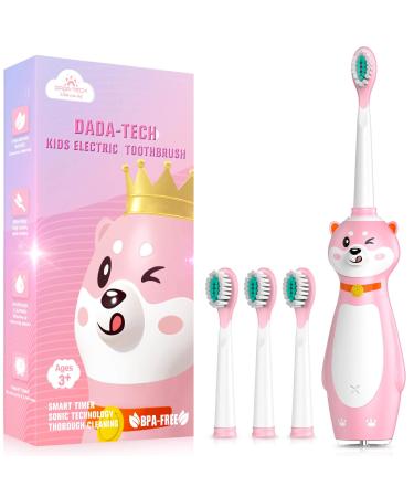 Dada-Tech Kids Electric Toothbrush Rechargeable, Sonic Silicone Teeth Brush with Timer for Children Boys Girls Ages 3+, 3 Modes with Memory, 4 Soft Brush Heads (Pink Shiba Inu Dog)