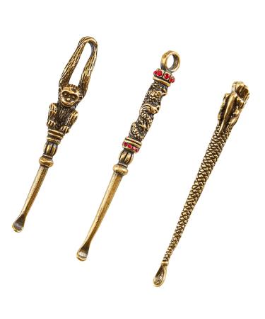 SUPERFINDINGS 3Pcs Brass Ear Pick Ear Cleaning Spoon Monkey Dragon Gemstones Earwax Removal Tool Keychain Ear Cleaner for Men Women