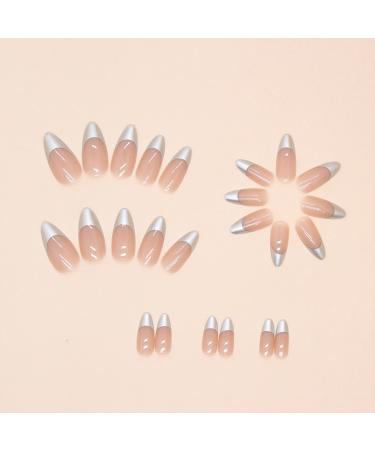 Buy Silver French Tip Press on Nails - Medium Almond Glossy Full Cover - 24 Pcs Acrylic Reusable Stick on Nails for Women & Girls - Perfect Nail Decorations - Buy Online on GoSupps.com