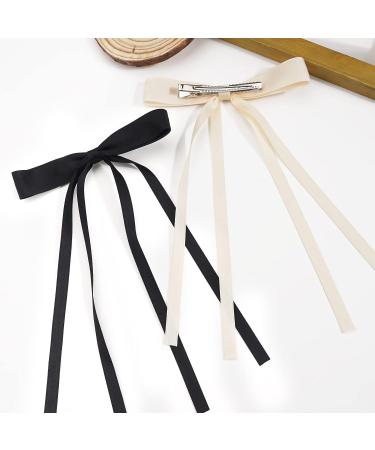 Ayesha Hair Bows 4pcs Set - Long Tail Ribbon Barrettes for Women Girls - Black & Beige Hair Accessories - Buy Online on GoSupps.com