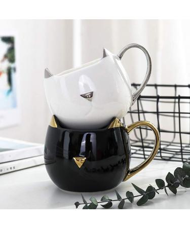 YJ 3D Cat Ear Ceramic Mug - Cute Cat Coffee Cup with Gold & Silver Handles | Perfect Gift for Cat Lovers | 2-Piece Set - Buy Online on GoSupps.com