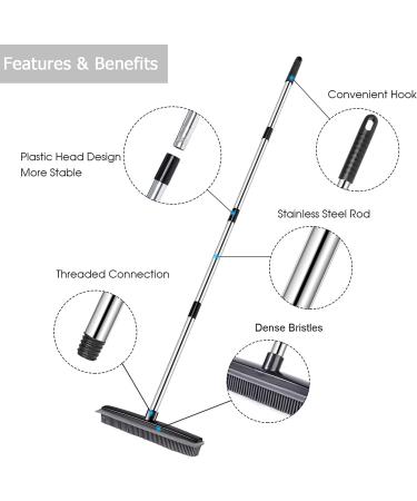 Pet Hair Remover Rubber Broom with Squeegee | 59 Adjustable Long Handle Push Broom for Pet Hair, Carpet, and Floor Cleaning | Includes Pet Comb | Black - Buy Online on GoSupps.com