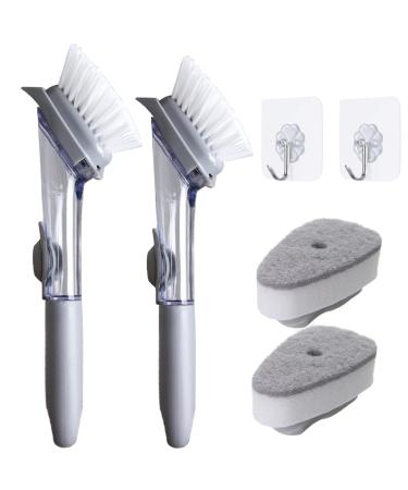 2 Pack Dish Sponge Scrubber Brush with Handle Soap Dispenser and 2 Dish Wand Refills Sponge Heads Silicone Dish Cleaning Brush Scrubber Set for Usage Kitchen Sink Pots Pans Dishes with 2 Hooks