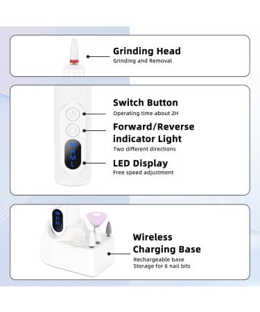 Professional Electric Nail Drill with 6 Bits for Acrylic Gel Nails - White - Buy Online on GoSupps.com