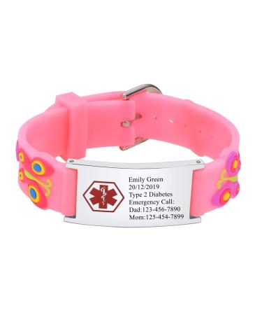 XUANPAI Personalized Safety Wristband Bracelet for Kids - Child ID Bracelet for Emergency Contact or Medical Information Waterproof Cartoon Style Silicone Bracelet for Boys Girls Teenagers A-Pink 1