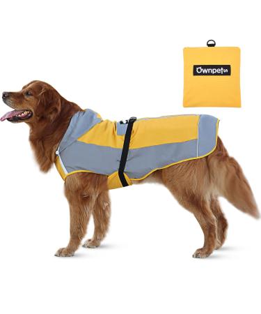 Ownpets dog rain jacket raincoat dog with hood reflectors and adjustable straps waterproof dog coat (L | yellow+gray)