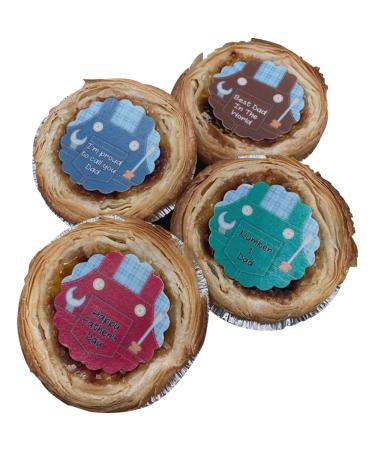 Mixed pack of 12 Fathers Day toppers - 4 designs with overalls in blue dark pink green and brown with different messages.
