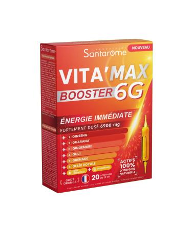 Santarome Vita'Max Booster 6G Anti-Fatigue Immediate Energy Supplement 6900 mg of Active Ingredients, Ultra Dosed - Ginseng, Guarana, Ginger, Goji, Pomegranate, Royal Jelly - 20 Phials, France