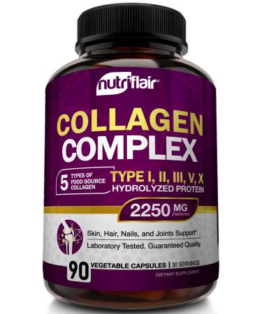 NutriFlair Multi Collagen Peptides 2250mg 90 Capsules - Type I II III V X - Collagen Supplements Complex Powder Pills for Women and Men - Hydrolyzed Protein Healthy Hair Skin Nails - Non-GMO