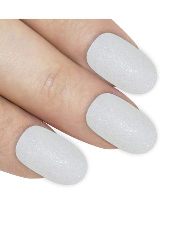 Bling Art Oval False Nails Gel Glossy Glitter French Manicure Fake Medium Tips with Glue (Pearl White Gel)