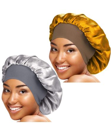 2 Pieces Wide Band Satin Cap Sleep Bonnet Soft Night Sleep Hat for Women One Size Gold+Sliver