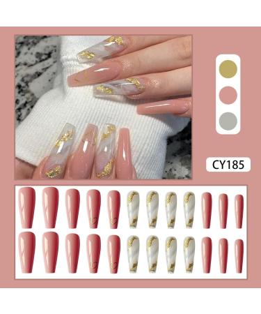 Glitter Gold Coffin Press on Nails - 24pcs Nude & Pink Black Acrylic Stick on Nails with Glue Sticker for Women and Girls - Fashionable False Nails - Buy Online on GoSupps.com