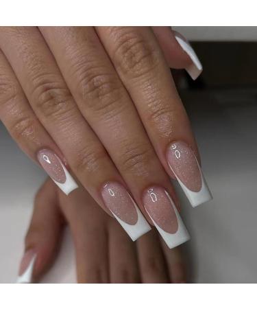 Coffin False Nails Long 24Pcs White Aurora French Fake Nails Ballerina Press on Nails Glitter French Nail Tips with Nail Glue Full Cover Stick on Nails for Women Girls Nails Art Aurora French Long