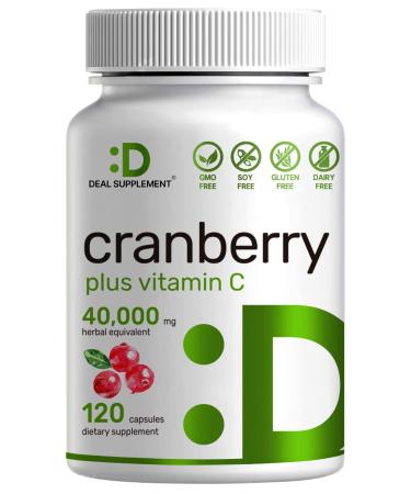 Cranberry Pills with Vitamin C , 2-1 Formula, 100 :1 Fruit Concentrate | Equals to 40,000 mg Fresh Cranberries | 120 Capsules, 4X Ultimate Urinary Tract Support, No Sugar, No GMO, No Gluten
