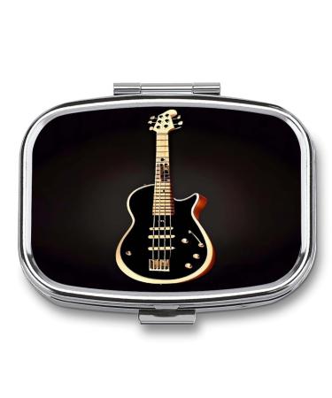 Pill Box Black Guitar Print 2 Compartment Medicine Pill Case Pill Organizer Decorative Metal Portable Pill Box for Pocket Or Purse Style