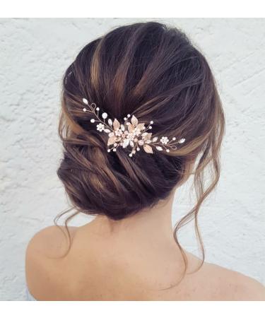 Jeairts Leaf Bride Wedding Hair Comb Rhinestone Pearl Bridal Hair Pieces Flower Wedding Headpiece for Brides Crystal Hair Accessories for Women and Girls (3-Rose Gold)