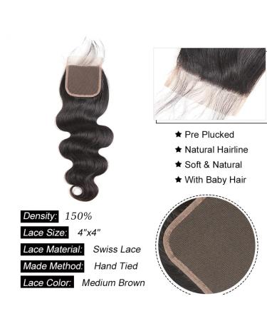 Taziza Body Wave Brazilian Virgin Human Hair - 3 Bundles + Lace Closure | Natural Color 24 26 28 + 22 Free Part | Glueless Unprocessed Hair Weft - Buy Online on GoSupps.com
