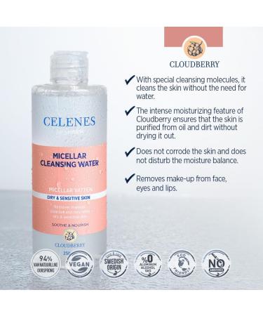 Celenes by Sweden Cloudberry Micellar Cleansing Water 250ml Alcohol-free Paraben-free Vegan Ideal for Dry & Sensitive Skin Hydrates & Soothes with Natural Extracts - Buy Online on GoSupps.com
