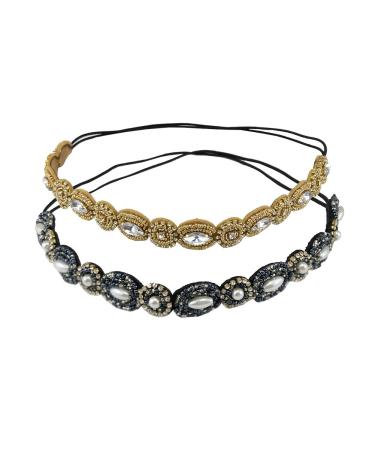 yueton Pack of 2 Handmade Crystal Rhinestone Beads Elastic Headband Hair Band Women Hair Accessories (Navy blue + Gold)