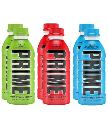 Prime Hydration Sports Drink Variety Pack - Energy Drink, Electrolyte Beverage - Lemon Lime, Tropical Punch, Blue Raspberry - 16.9 Fl Oz - 6 Pack