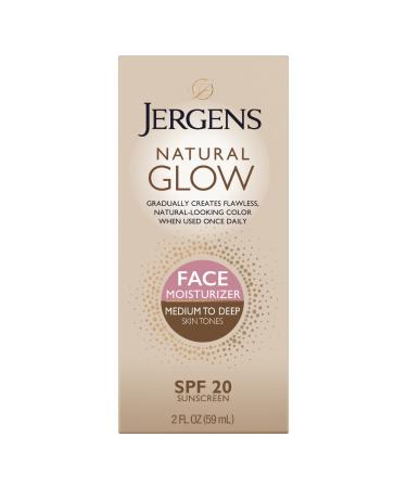 Jergens Natural Glow Self Tanner Face Moisturizer, SPF 20 Facial Sunscreen, Medium to Deep Skin Tone, Sunless Tanning, Oil Free, Broad Spectrum Protection UVA and UVB, 2 oz (Packaging May Vary) Medium to Deep Single Jergens Natural Glow SPF 20 Face Moistu